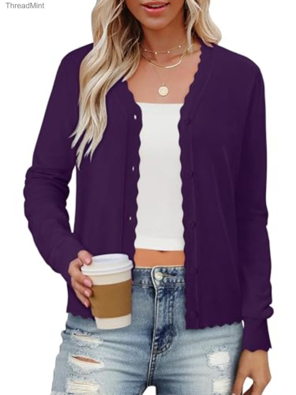 Lightweight V-Neck Button Cardigan Sweater Ribbed Wave Edge Long Sleeve